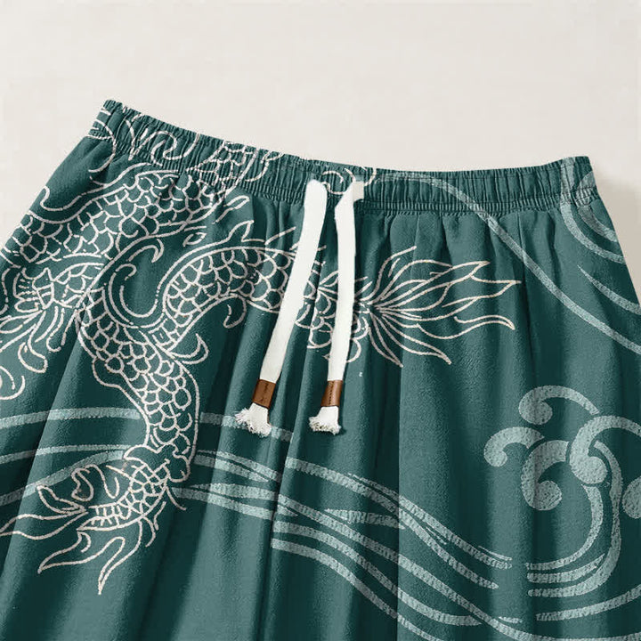 Buddha Stones Pure Cotton Ethnic Dragon Art Pattern Drawstring Men's Harem Pants With Pockets - image 9