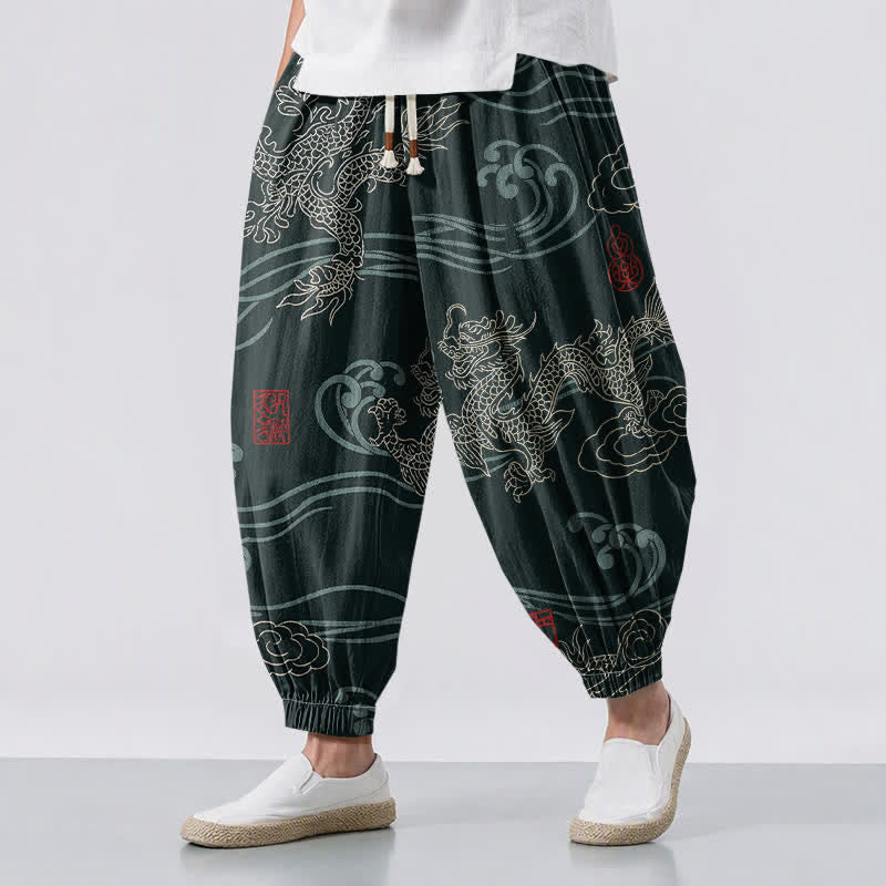 Buddha Stones Pure Cotton Ethnic Dragon Art Pattern Drawstring Men's Harem Pants With Pockets - DarkSlateGray - US/UK/AU50，EU60 (5XL) - image 12