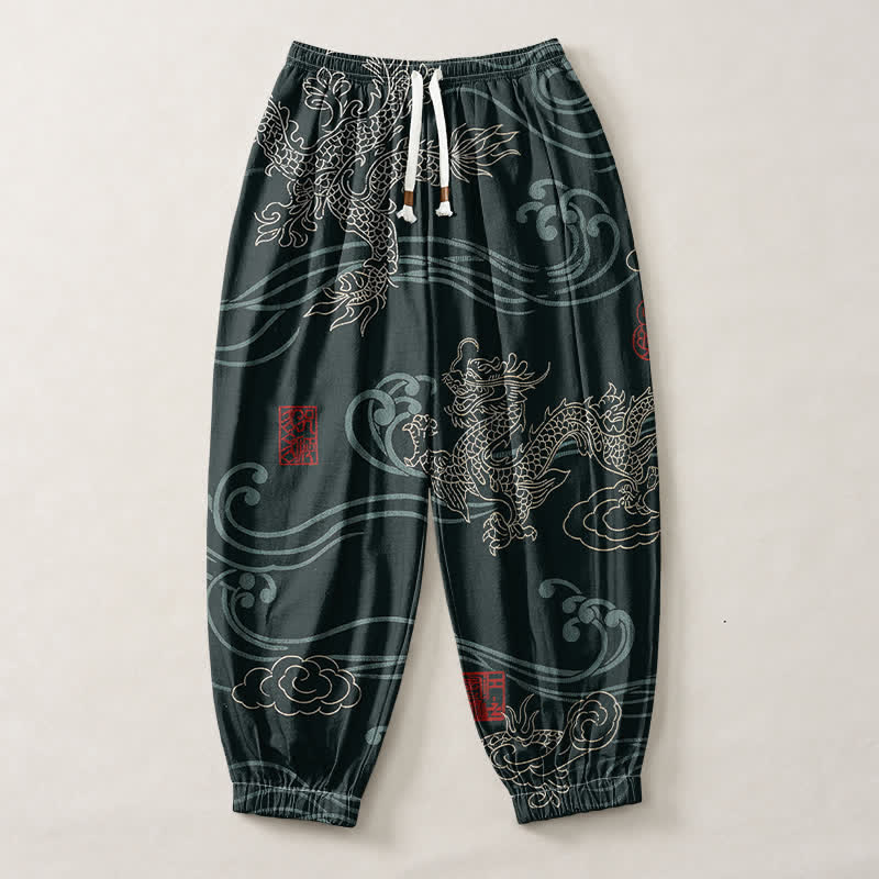 Buddha Stones Pure Cotton Ethnic Dragon Art Pattern Drawstring Men's Harem Pants With Pockets - image 13