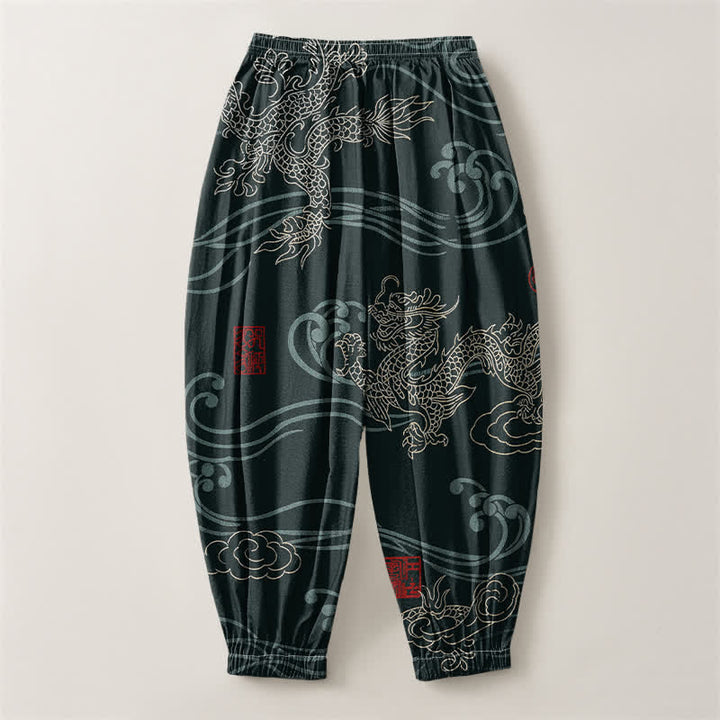 Buddha Stones Pure Cotton Ethnic Dragon Art Pattern Drawstring Men's Harem Pants With Pockets - image 14