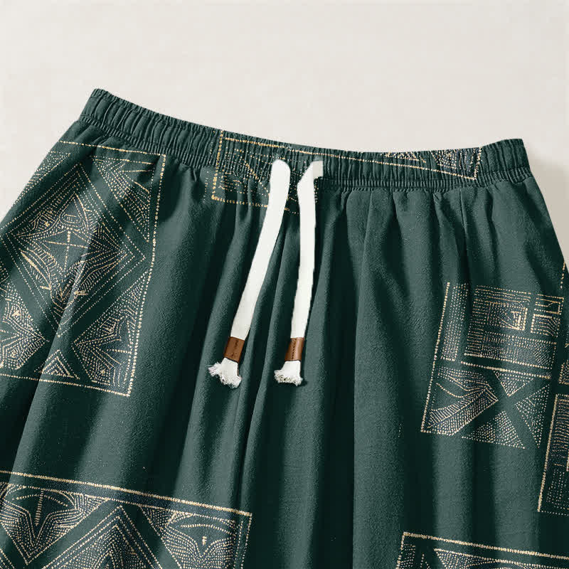 Buddha Stones Pure Cotton Ethnic Lattice Pattern Drawstring Men's Harem Pants With Pockets - image 9