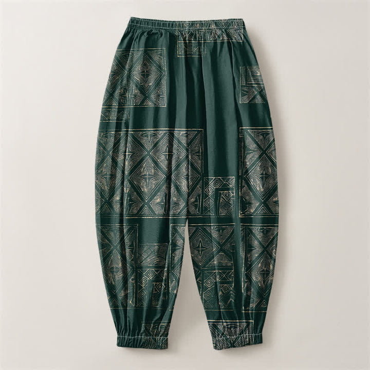 Buddha Stones Pure Cotton Ethnic Lattice Pattern Drawstring Men's Harem Pants With Pockets - image 8