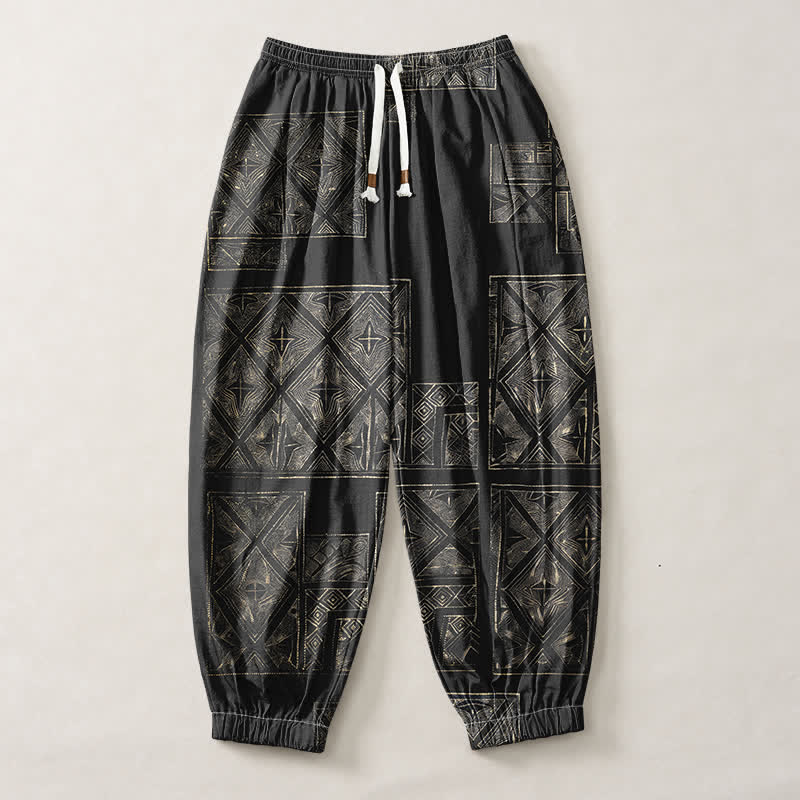Buddha Stones Pure Cotton Ethnic Lattice Pattern Drawstring Men's Harem Pants With Pockets - image 13