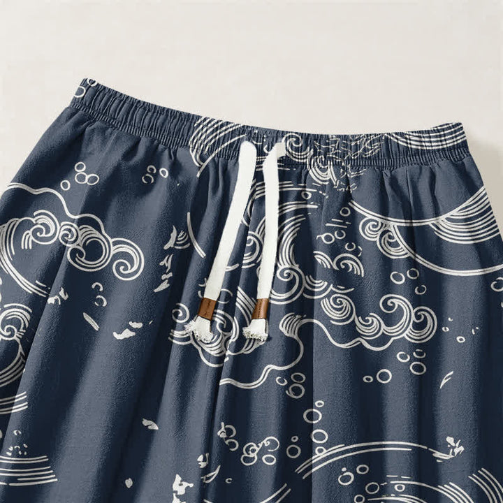 Buddha Stones Pure Cotton Cloud Wave Pattern Drawstring Men's Harem Pants With Pockets - image 9