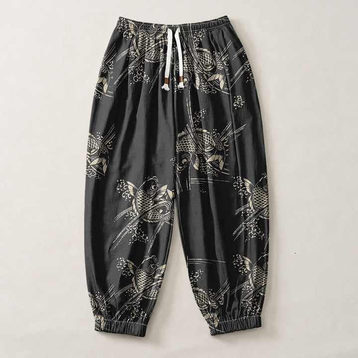 Buddha Stones Pure Cotton Koi Fish Pattern Drawstring Men's Harem Pants With Pockets - image 1