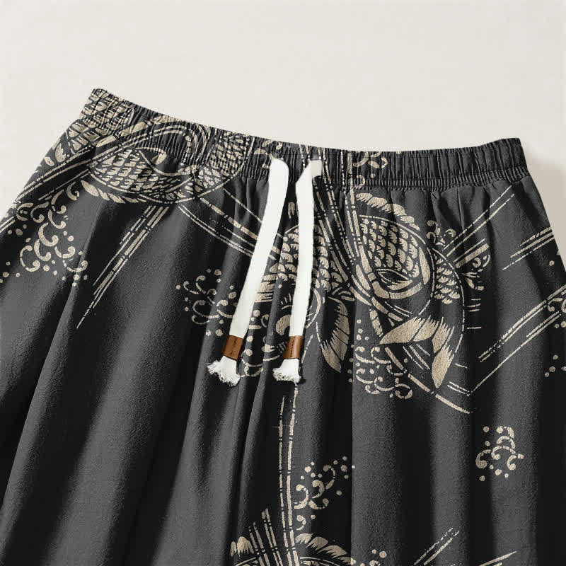 Buddha Stones Pure Cotton Koi Fish Pattern Drawstring Men's Harem Pants With Pockets - image 3