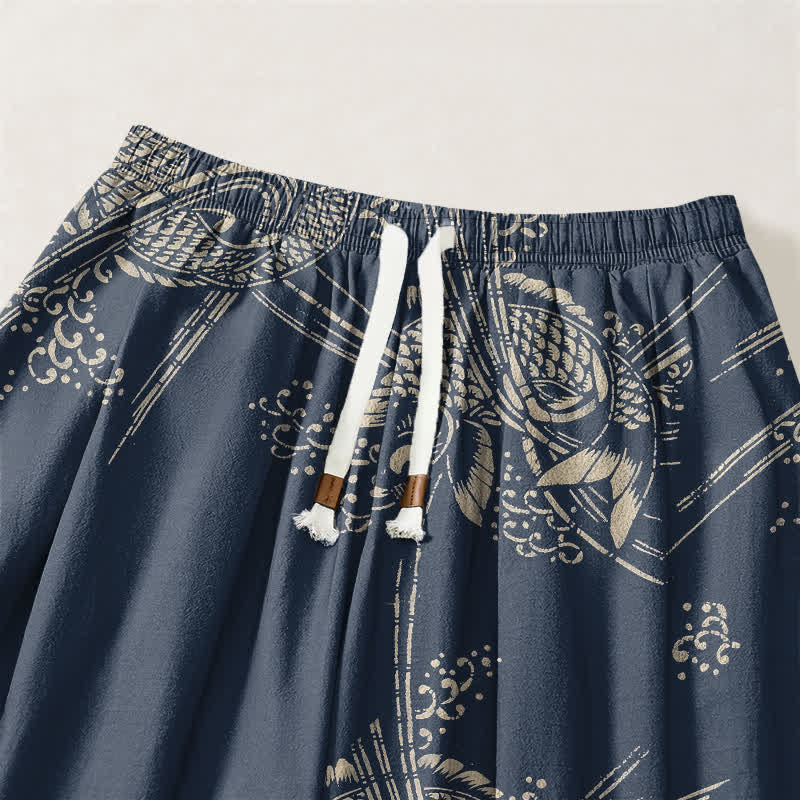 Buddha Stones Pure Cotton Koi Fish Pattern Drawstring Men's Harem Pants With Pockets - image 9