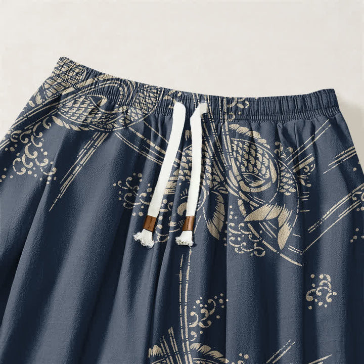 Buddha Stones Pure Cotton Koi Fish Pattern Drawstring Men's Harem Pants With Pockets - image 9