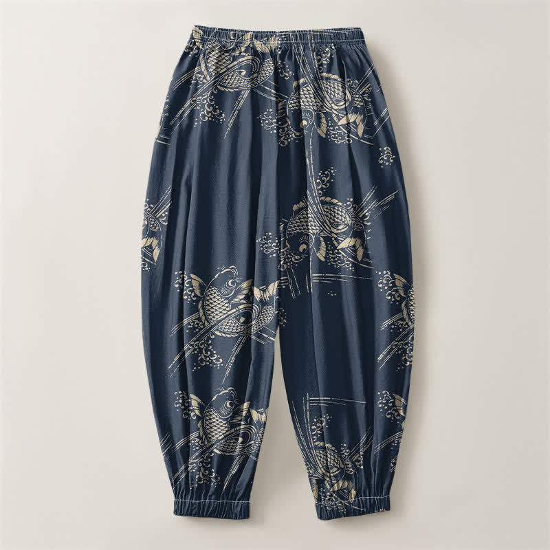 Buddha Stones Pure Cotton Koi Fish Pattern Drawstring Men's Harem Pants With Pockets - image 8