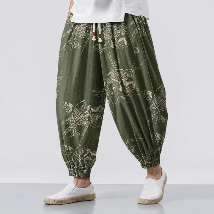 Buddha Stones Pure Cotton Koi Fish Pattern Drawstring Men's Harem Pants With Pockets - DarkOliveGreen - US/UK/AU50，EU60 (5XL) - image 12