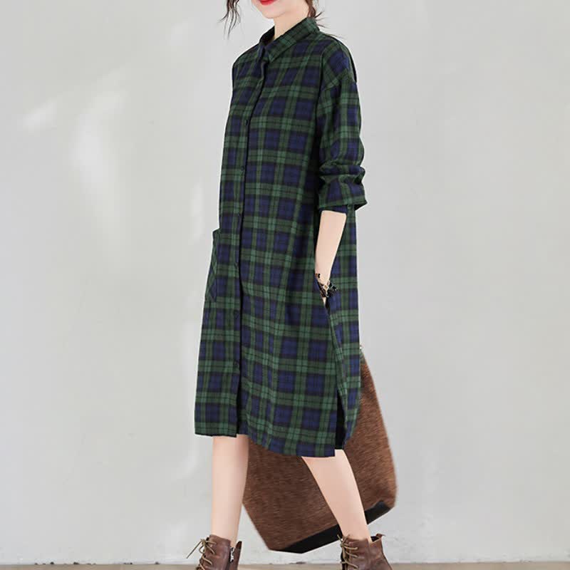 Buddha Stones Fall Casual Vintage Button-Up Plaid Women's Long Sleeve Dresses With Pocket - ForestGreen - US12, UK/AU16, EU44 (2XL) - image 16
