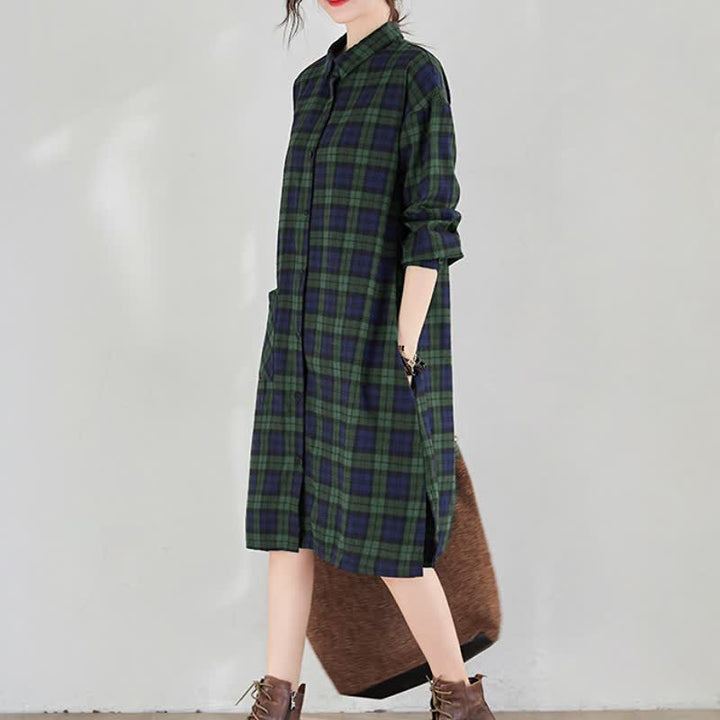 Buddha Stones Fall Casual Vintage Button-Up Plaid Women's Long Sleeve Dresses With Pocket - ForestGreen - US12, UK/AU16, EU44 (2XL) - image 16