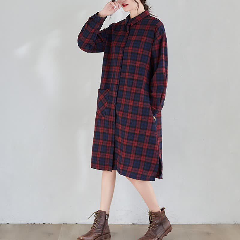 Buddha Stones Fall Casual Vintage Button-Up Plaid Women's Long Sleeve Dresses With Pocket - image 2