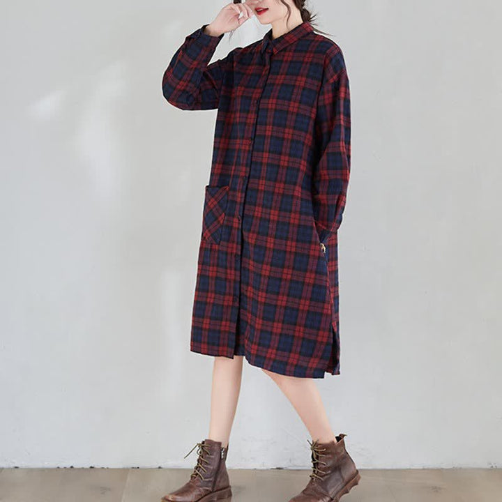 Buddha Stones Fall Casual Vintage Button-Up Plaid Women's Long Sleeve Dresses With Pocket - image 2