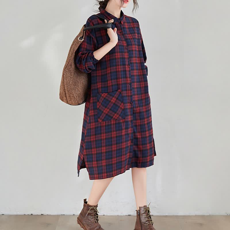 Buddha Stones Fall Casual Vintage Button-Up Plaid Women's Long Sleeve Dresses With Pocket - image 5