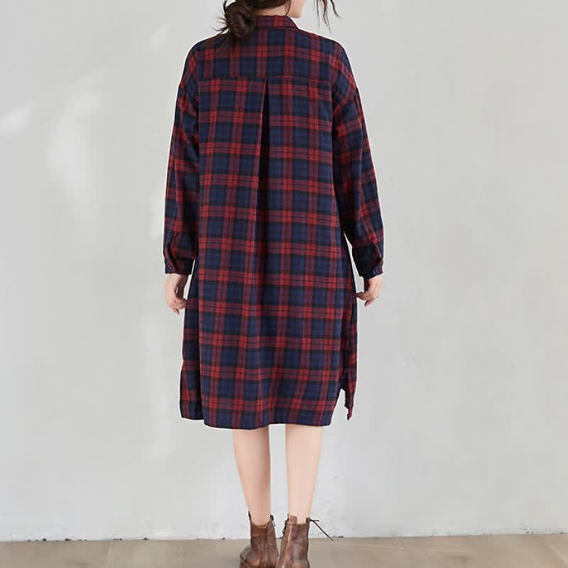 Buddha Stones Fall Casual Vintage Button-Up Plaid Women's Long Sleeve Dresses With Pocket - image 4