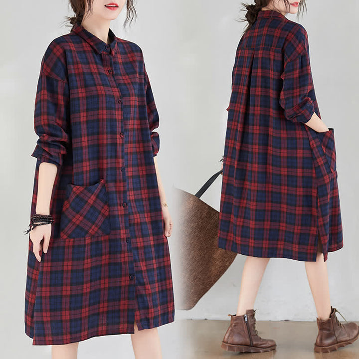 Buddha Stones Fall Casual Vintage Button-Up Plaid Women's Long Sleeve Dresses With Pocket - image 9