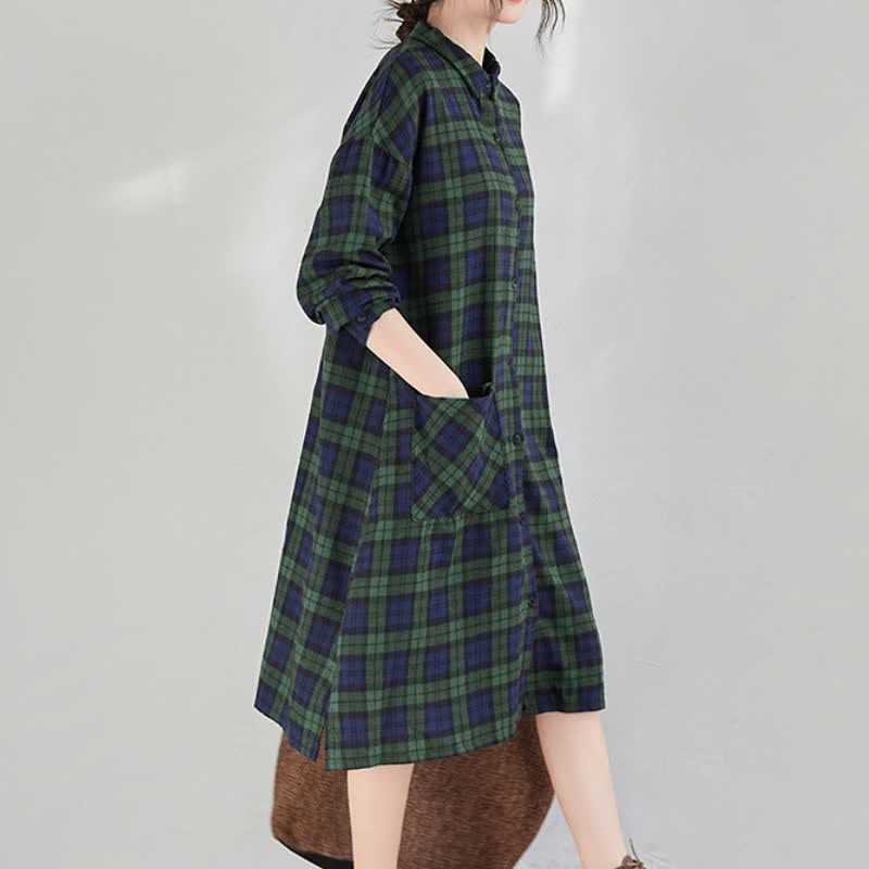 Buddha Stones Fall Casual Vintage Button-Up Plaid Women's Long Sleeve Dresses With Pocket - image 17