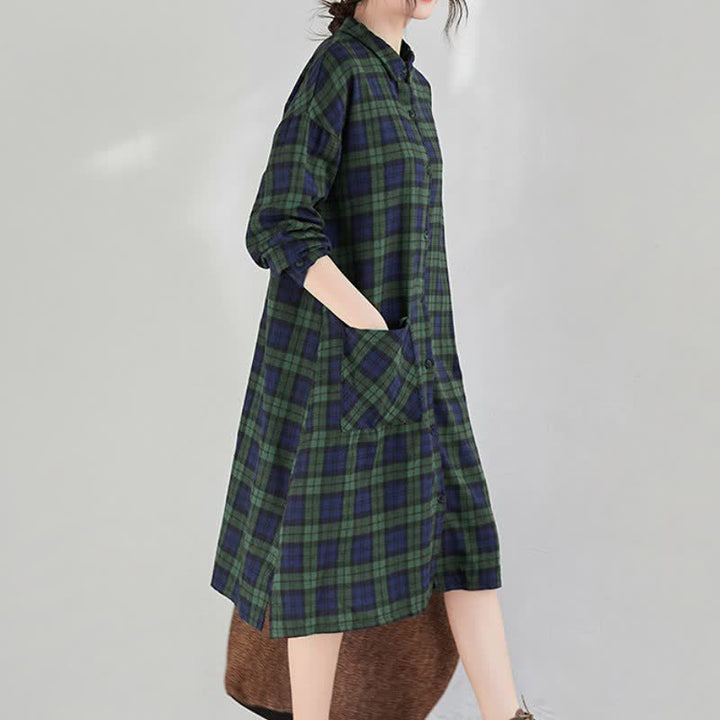 Buddha Stones Fall Casual Vintage Button-Up Plaid Women's Long Sleeve Dresses With Pocket - image 17