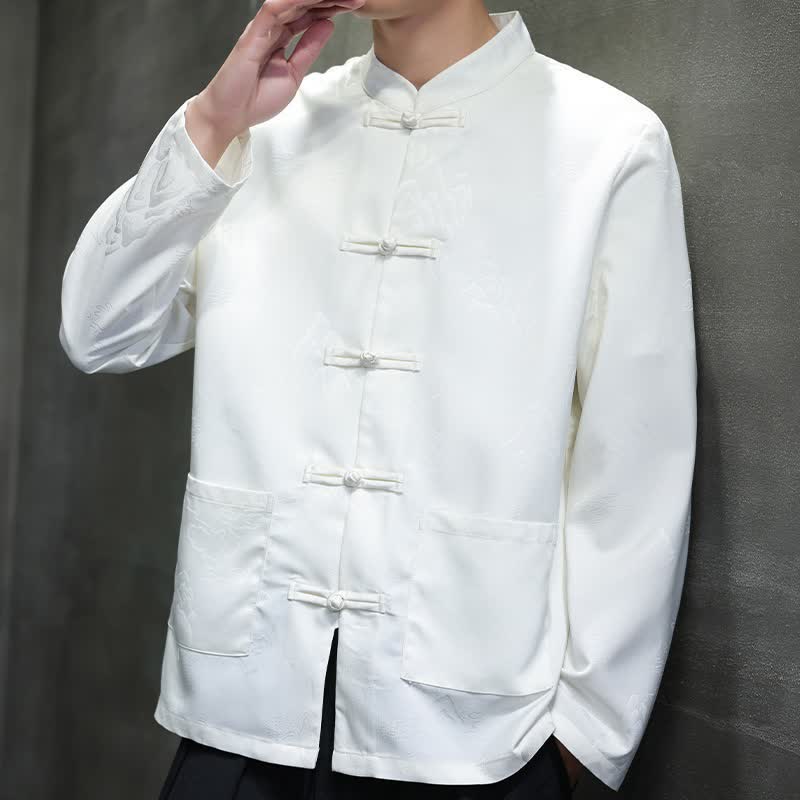 Buddha Stones Fall Tang Style Vintage Frog Button Mountains Solid Men's Long Sleeve Shirts With Pockets - image 14