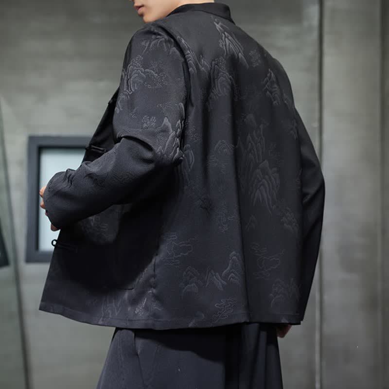 Buddha Stones Fall Tang Style Vintage Frog Button Mountains Solid Men's Long Sleeve Shirts With Pockets - image 4