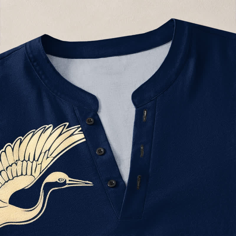 Buddha Stones Cotton Flying Crane Cloud Pattern V-Neck Buttons Men's Long Sleeve Shirts - image 4