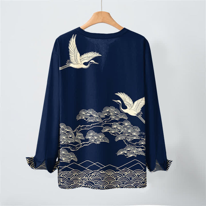 Buddha Stones Cotton Flying Crane Cloud Pattern V-Neck Buttons Men's Long Sleeve Shirts - image 3