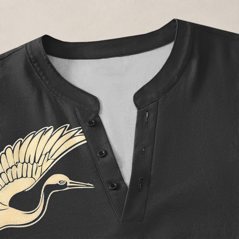 Buddha Stones Cotton Flying Crane Cloud Pattern V-Neck Buttons Men's Long Sleeve Shirts - image 18