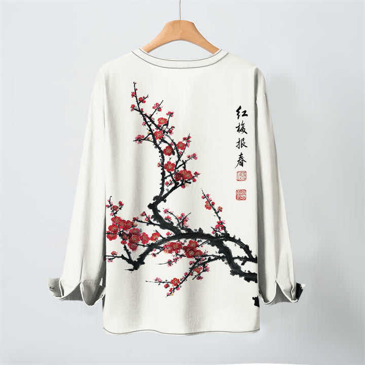 Buddha Stones Cotton Eastern Seal Plum Pattern V-Neck Buttons Men's Long Sleeve Shirts - image 3