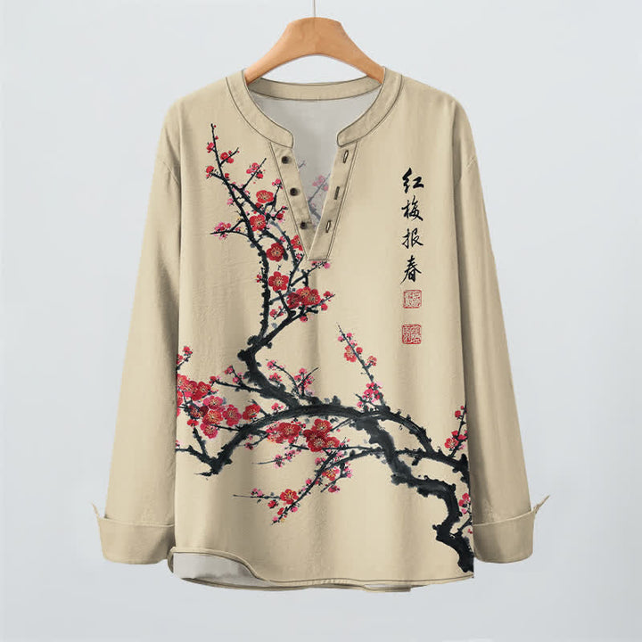 Buddha Stones Cotton Eastern Seal Plum Pattern V-Neck Buttons Men's Long Sleeve Shirts - image 9