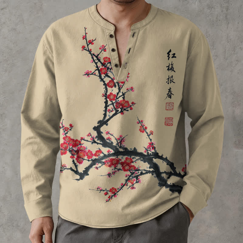 Buddha Stones Cotton Eastern Seal Plum Pattern V-Neck Buttons Men's Long Sleeve Shirts - image 8