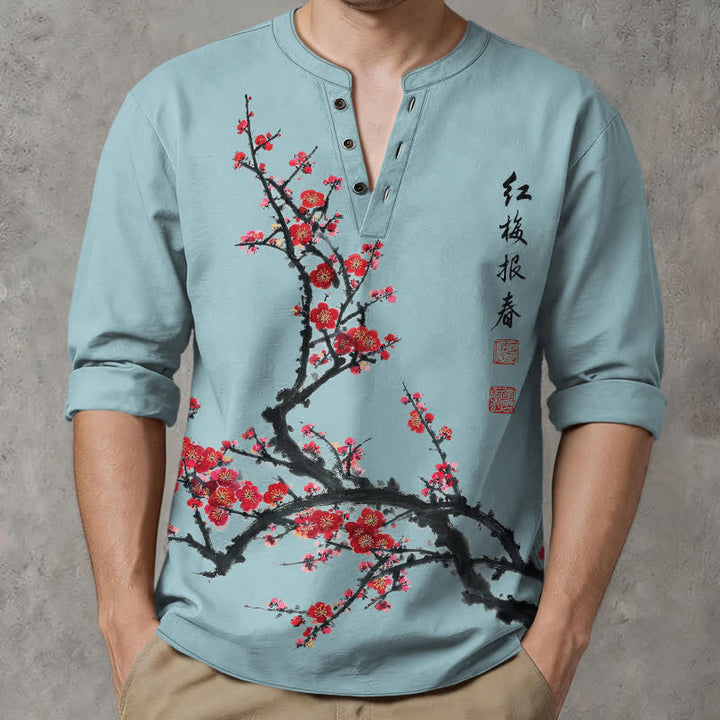 Buddha Stones Cotton Eastern Seal Plum Pattern V-Neck Buttons Men's Long Sleeve Shirts - LightBlue - US/UK/AU48，EU58 (4XL) - image 14