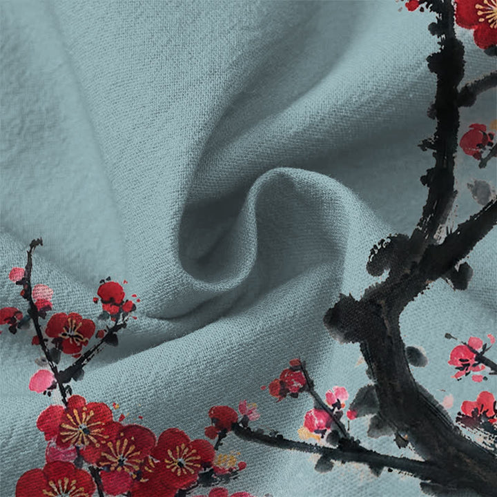 Buddha Stones Cotton Eastern Seal Plum Pattern V-Neck Buttons Men's Long Sleeve Shirts - image 20