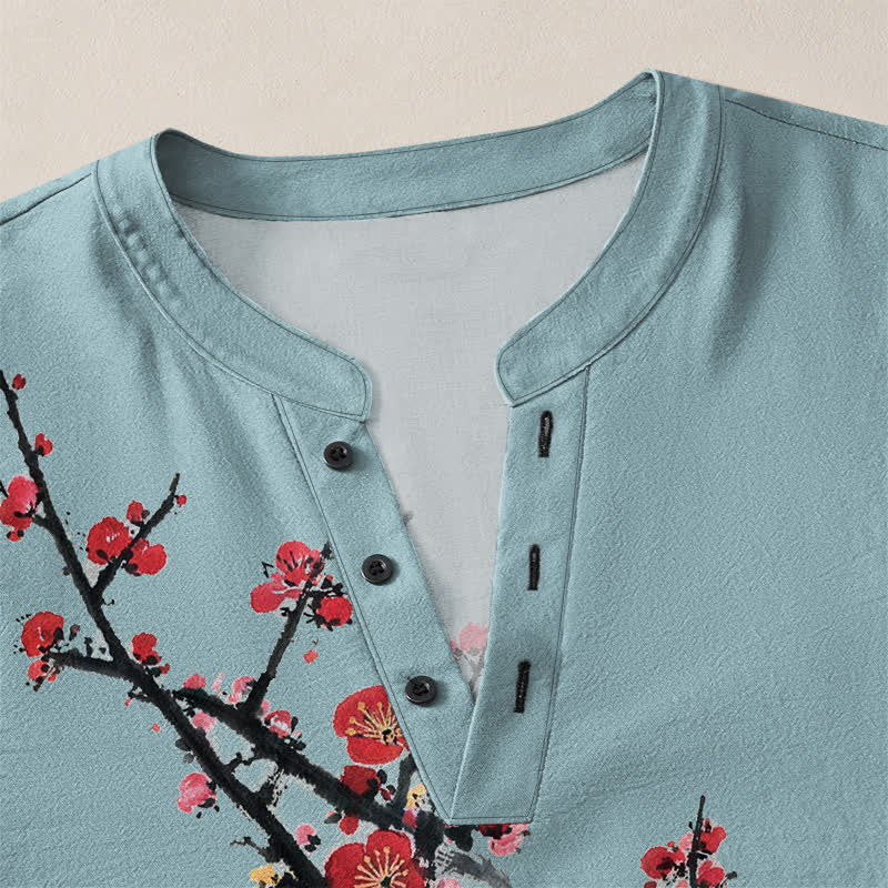 Buddha Stones Cotton Eastern Seal Plum Pattern V-Neck Buttons Men's Long Sleeve Shirts - image 18