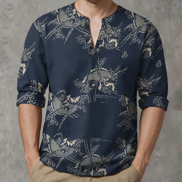 Buddha Stones Cotton Ethnic Fish Motif Pattern V-Neck Buttons Men's Long Sleeve Shirts - image 1