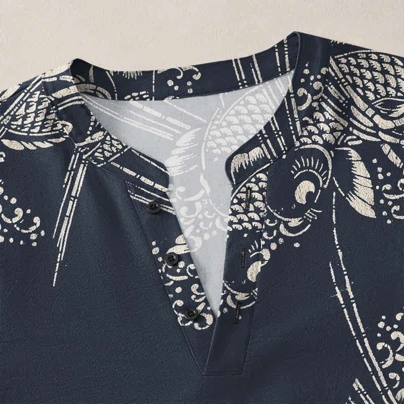 Buddha Stones Cotton Ethnic Fish Motif Pattern V-Neck Buttons Men's Long Sleeve Shirts - image 4