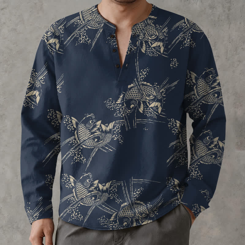 Buddha Stones Cotton Ethnic Fish Motif Pattern V-Neck Buttons Men's Long Sleeve Shirts - MidnightBlue - US/UK/AU48，EU58 (4XL) - image 0