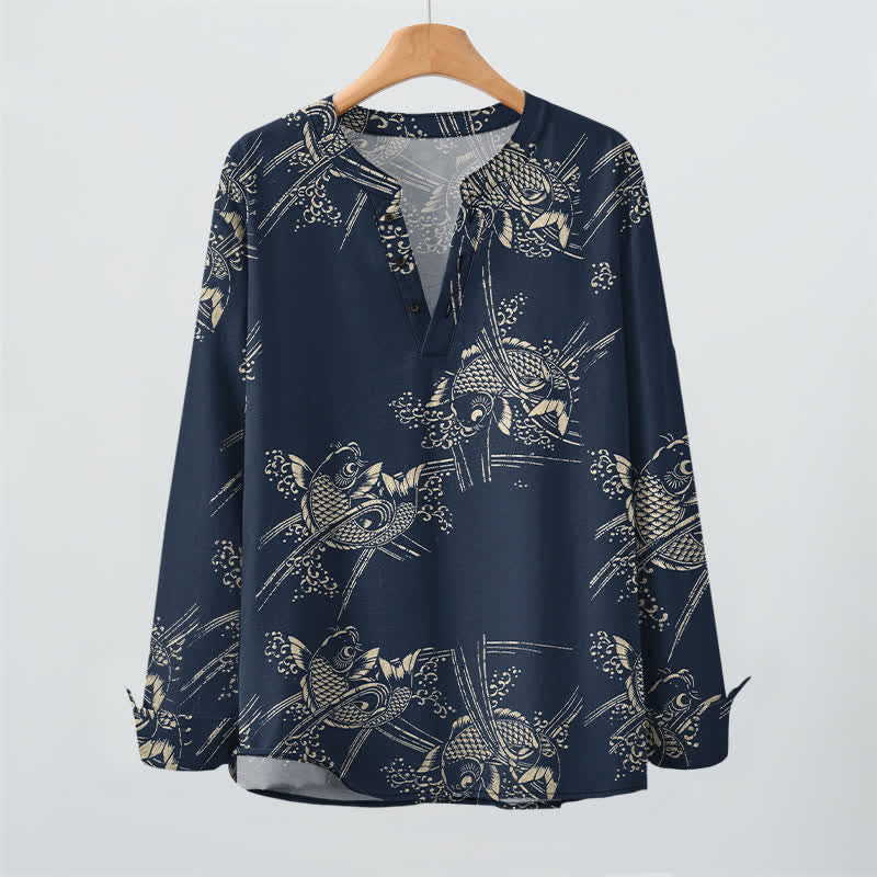 Buddha Stones Cotton Ethnic Fish Motif Pattern V-Neck Buttons Men's Long Sleeve Shirts - image 2