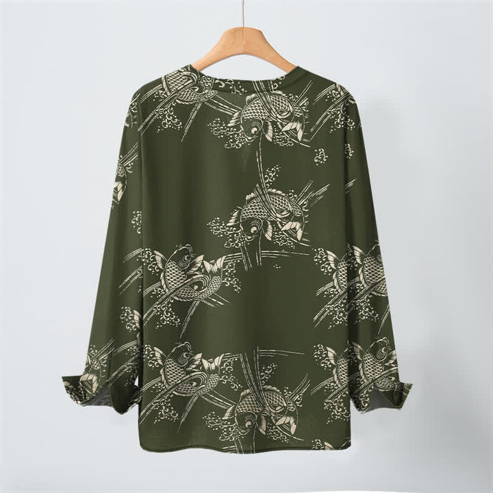Buddha Stones Cotton Ethnic Fish Motif Pattern V-Neck Buttons Men's Long Sleeve Shirts - image 10