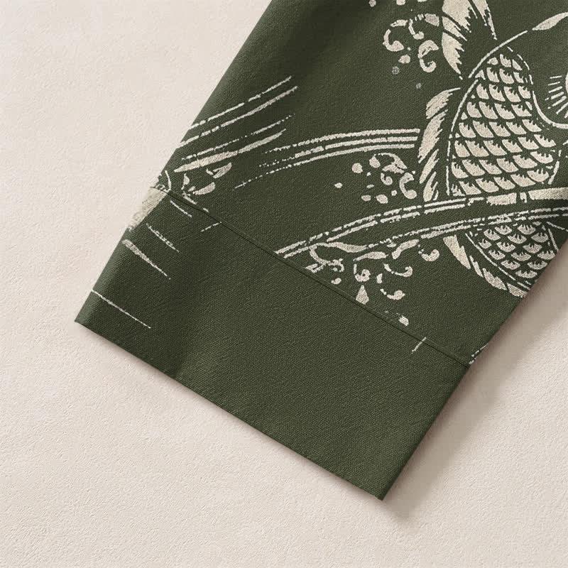 Buddha Stones Cotton Ethnic Fish Motif Pattern V-Neck Buttons Men's Long Sleeve Shirts - image 12