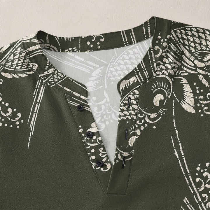 Buddha Stones Cotton Ethnic Fish Motif Pattern V-Neck Buttons Men's Long Sleeve Shirts - image 11