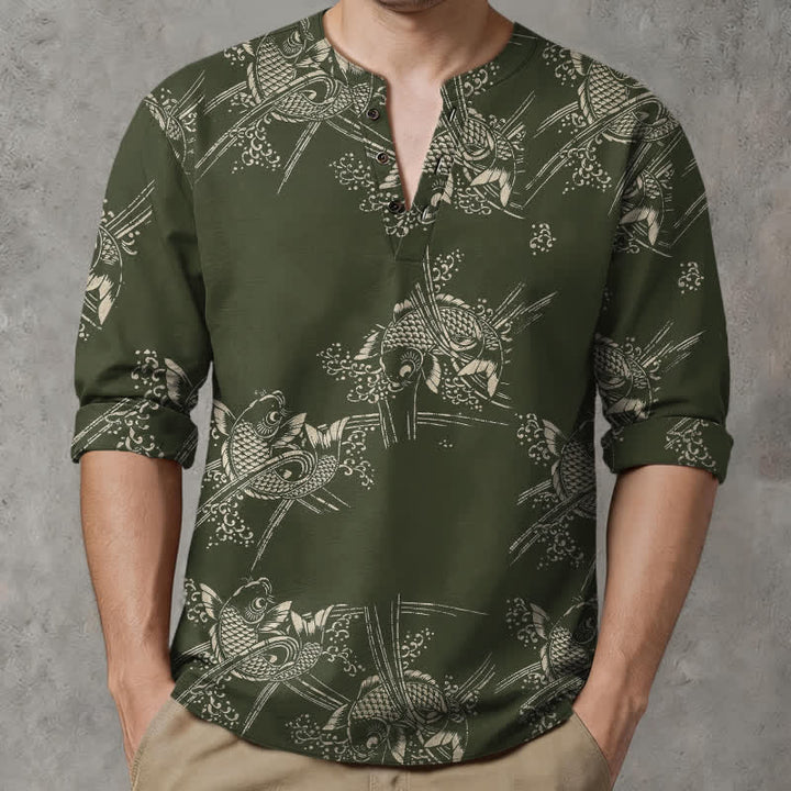 Buddha Stones Cotton Ethnic Fish Motif Pattern V-Neck Buttons Men's Long Sleeve Shirts - image 8