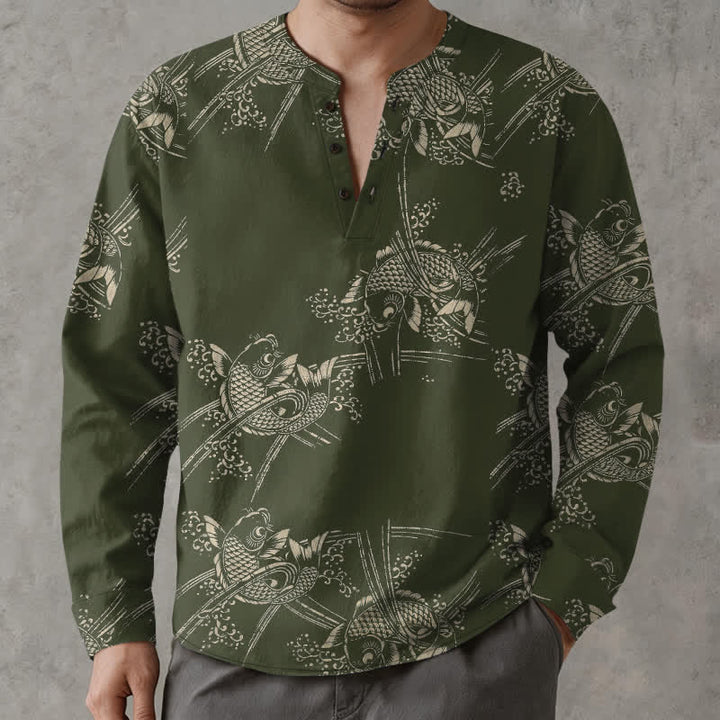 Buddha Stones Cotton Ethnic Fish Motif Pattern V-Neck Buttons Men's Long Sleeve Shirts - DarkOliveGreen - US/UK/AU48，EU58 (4XL) - image 7
