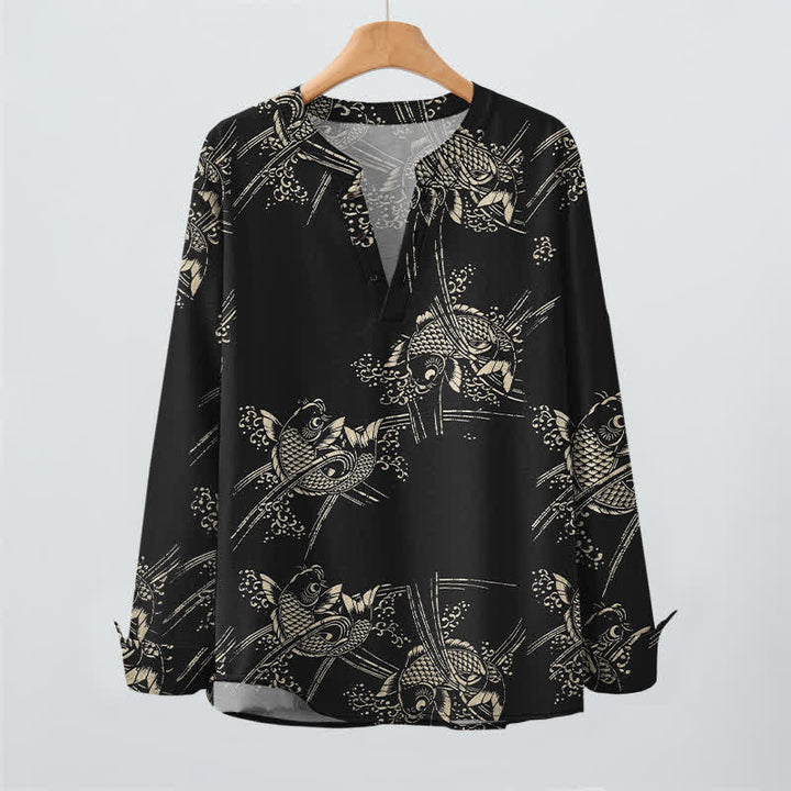 Buddha Stones Cotton Ethnic Fish Motif Pattern V-Neck Buttons Men's Long Sleeve Shirts - image 16