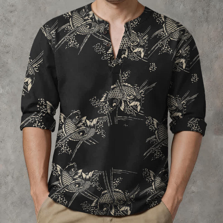 Buddha Stones Cotton Ethnic Fish Motif Pattern V-Neck Buttons Men's Long Sleeve Shirts - image 15