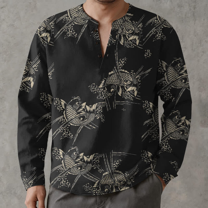 Buddha Stones Cotton Ethnic Fish Motif Pattern V-Neck Buttons Men's Long Sleeve Shirts - Black - US/UK/AU48，EU58 (4XL) - image 14