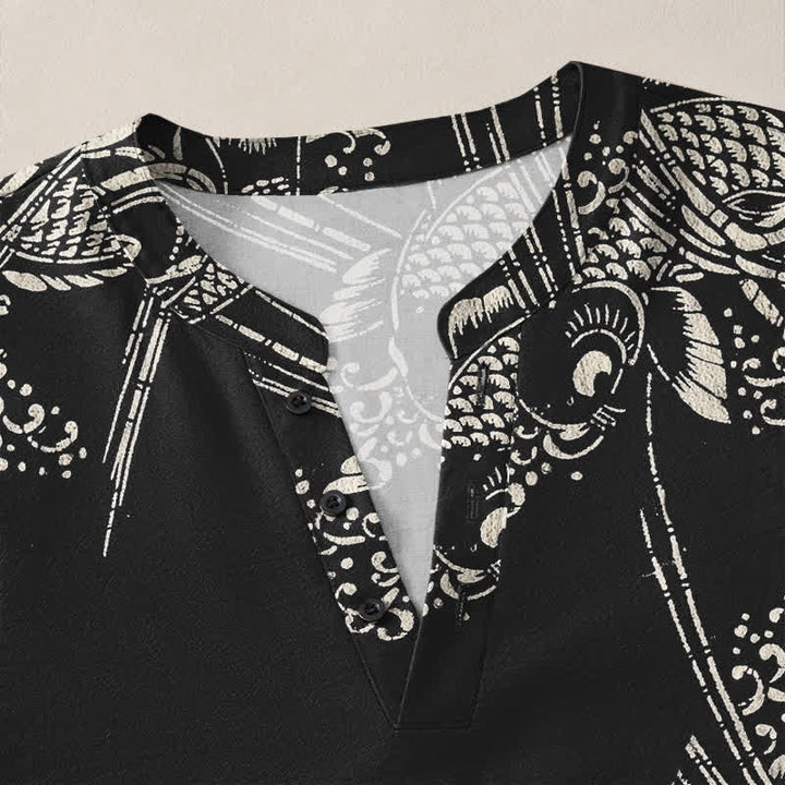 Buddha Stones Cotton Ethnic Fish Motif Pattern V-Neck Buttons Men's Long Sleeve Shirts - image 18