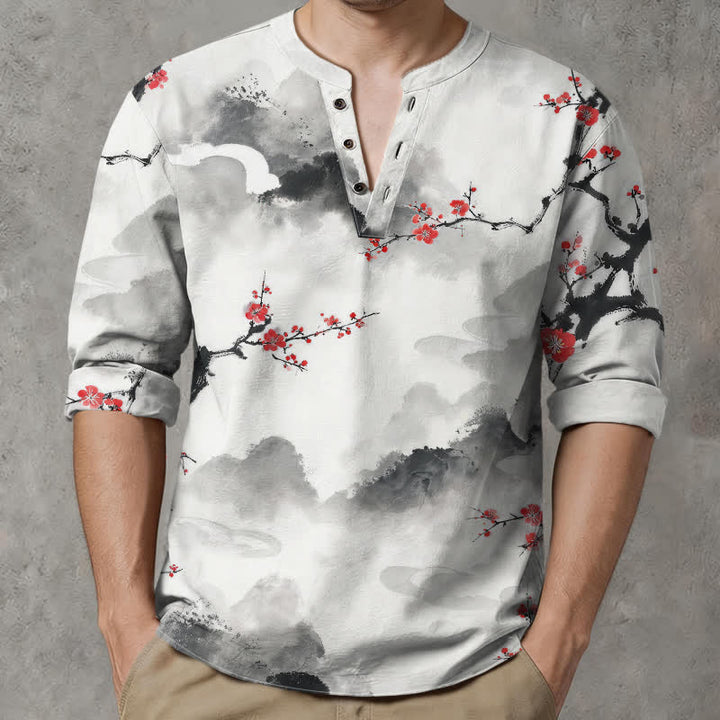 Buddha Stones Cotton Zen Landscape Blossom Pattern V-Neck Buttons Men's Long Sleeve Shirts - image 1