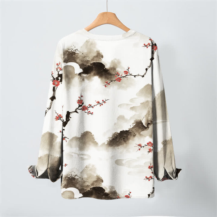 Buddha Stones Cotton Zen Landscape Blossom Pattern V-Neck Buttons Men's Long Sleeve Shirts - image 10