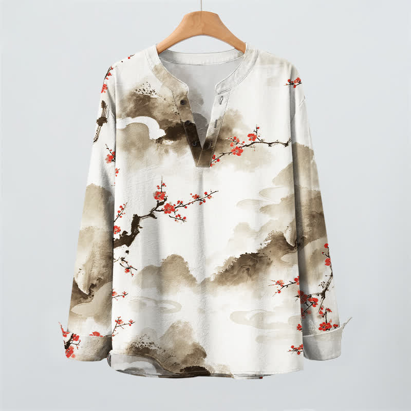 Buddha Stones Cotton Zen Landscape Blossom Pattern V-Neck Buttons Men's Long Sleeve Shirts - image 9